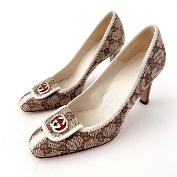 GUCCI || Vintage Supreme Monogram Canvas GG Interlocking Gold Logo Heel Pump 6 - Picture 1 of 16